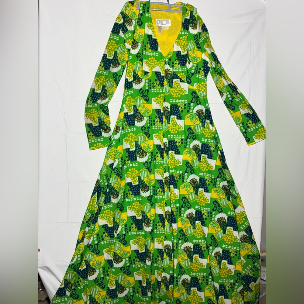 Vintage Cirétte of California Dress 70s Green Floral Patch Maxi with Tie & vest